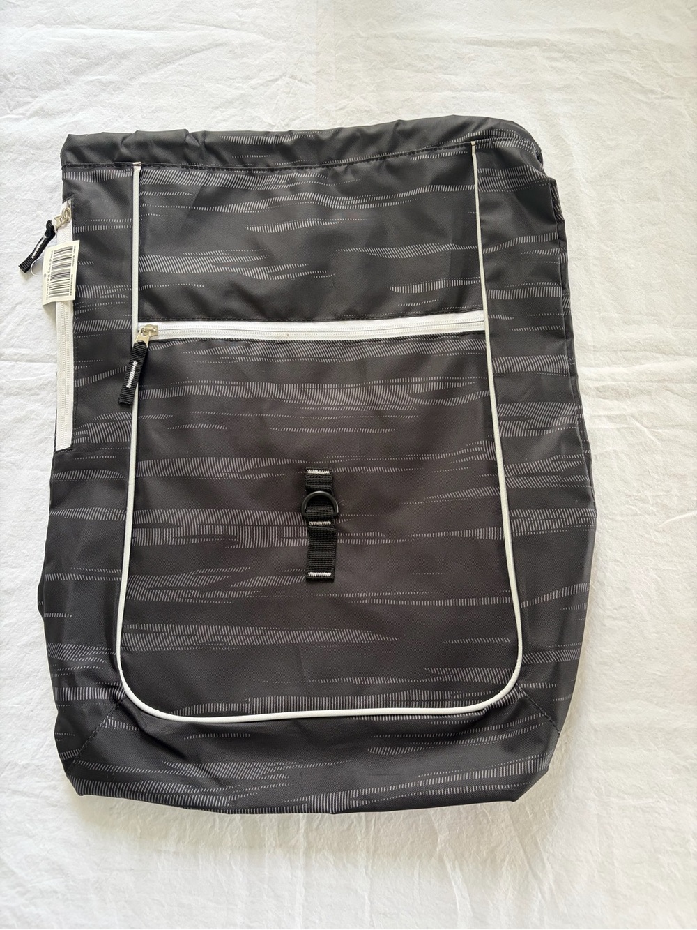 NWT Drawstring Sack Pack Cinch Gym Bag Black Grey Graphic Zipper Pockets